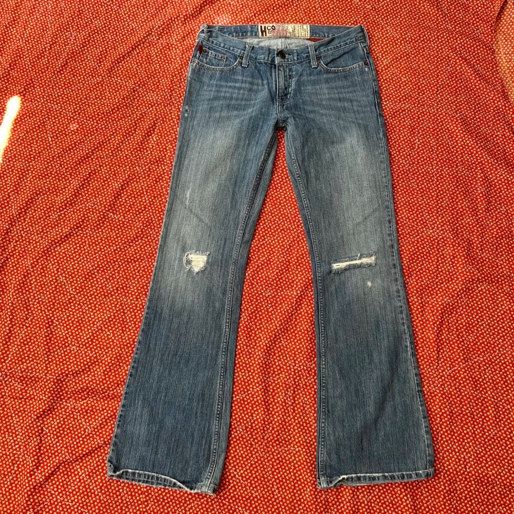 Hollister HCO JR Flare Distressed Blue Denim Jeans Low Rise Y2K 2000s Vintage
